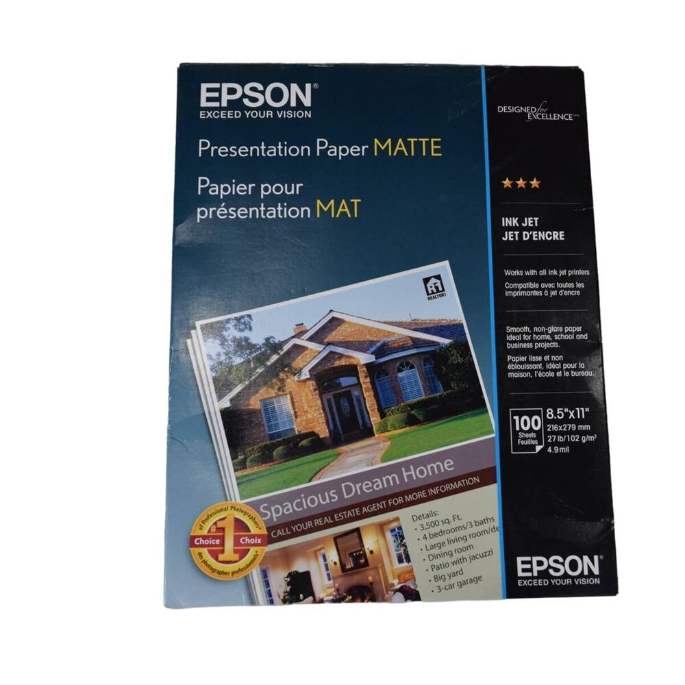 Epson Presentation Paper White Matte 27lb 100 pages 8.5"x11" Open Box Sealed Bag